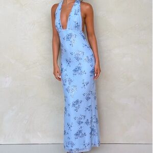 Tiger Mist Blue Floral Halter Maxi Dress